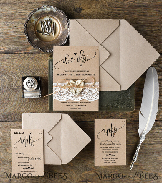 WEDDING INVITATIONS Elegant Invites Classic Cards Cheap Wedding invitations Lace Minimalist Stationery Rustic wreath Suite with Wooden Heart and Twine Bow 01/ACG/z