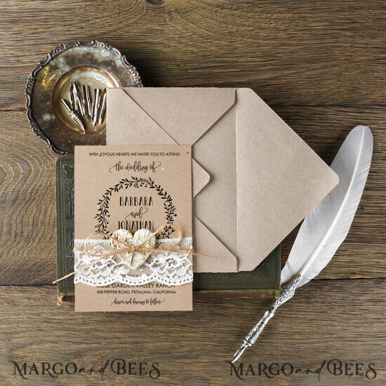 WEDDING INVITATIONS Elegant Invites Classic Cards Cheap Wedding invitations Rustic Wreath Stationery Eco Craft Lace Suite with Wooden Heart and Twine Bow 02/ACG/z