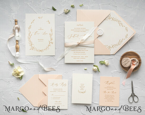 WEDDING INVITATIONS Elegant Invites Classic Cards Minimalist Wedding Invitations Fine Art Stationery with Floral Sketch Wreath Peach Envelope with Monogram Branch Liner 10/CGN/z