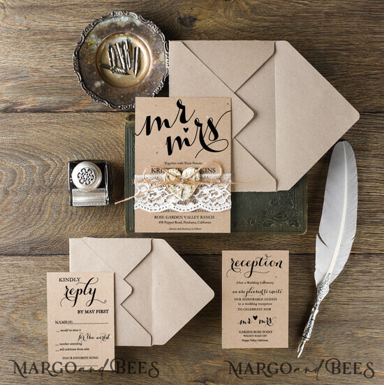 WEDDING INVITATIONS Elegant Invites Classic Cards Cheap Wedding invitations Rustic Mrs and Mr Stationery Eco Craft Lace Suite with Wooden Heart and Twine Bow 04/ACG/z