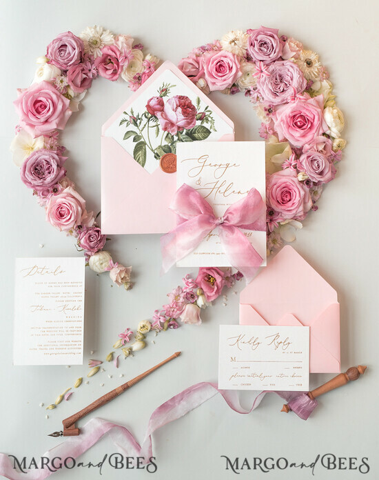 WEDDING INVITATIONS Elegant Invites Classic Cards Elegant Personalized Wedding Invitations Romantic Stationery with Vintage Garden Roses and Handmade Silk Bow Gold Foil Letters Blush Pink Envelope 04/botRC/z