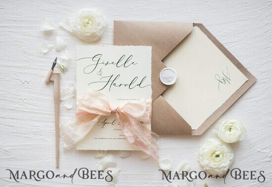 WEDDING INVITATIONS Elegant Invites Classic Cards Fairytale Minimalist Wedding Invitations Fine Art Stationery with Handmade Silk Bow Craft Envelope Monogram Liner 04/CGN/z