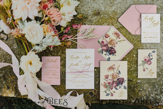 WEDDING INVITATIONS Elegant Invites Classic Cards Elegant Personalized Wedding Invitations Romantic Stationery with Garden Vintage Flowers Pink Envelope with Monogram Liner 12/CGN/z