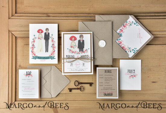 WEDDING INVITATIONS Elegant Invites Classic Cards Silhouette Wedding Invitations Bride and Groom Custom Illustration Stationery with Eco Envelope Floral Liner 1/OBL/z