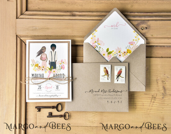 WEDDING INVITATIONS Elegant Invites Classic Cards Silhouette Wedding Invitation Suite Bride and Groom Custom Illustration Stationery with Eco Envelope Floral Liner with Monogram 2/OBL/z