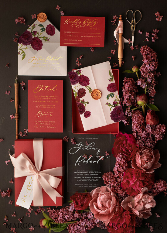 WEDDING INVITATIONS Elegant Invites Classic Cards Affordable wedding transparent acryll 3mm elegant designed invites romantic with roses and ribbon 05/box/z