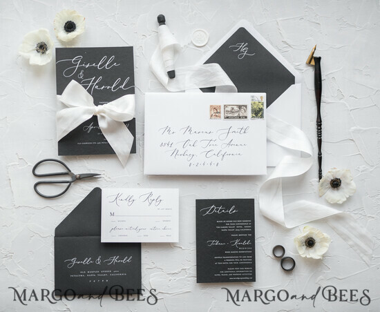 WEDDING INVITATIONS Elegant Invites Classic Cards Fairytale Black and White Wedding Invitations Fine Art Stationery with Bow Envelope Monogram Liner 03/CGN/z