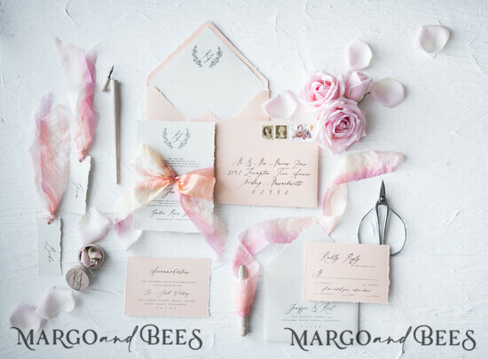 WEDDING INVITATIONS Elegant Invites Classic Cards Fairytale Minimalist Wedding Invitations Fine Art Stationery with Floral Sketch Silk Velvet Bow Peach Envelope with Monogram Liner 08/CGN/z