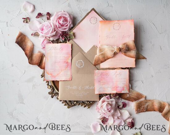 WEDDING INVITATIONS Elegant Invites Classic Cards HansPainted Wedding Invitations Fine Art BlushPink Stationery with HandMade Silk Bow and Wax Seal Gold Envelope 09/CGN/z