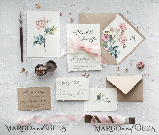 WEDDING INVITATIONS Elegant Invites Classic Cards Fairytale Minimalist Wedding Invitations Fine Art Stationery with Handmade Silk Bow Peach Envelope with Garden Roses Liner 05/CGN/z