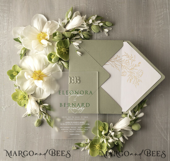 WEDDING INVITATIONS Elegant Invites Classic Cards Stylish clear green wedding invitation Monogram, sage green invitation suite, pistachio moss green stationery 04/ACGN/z