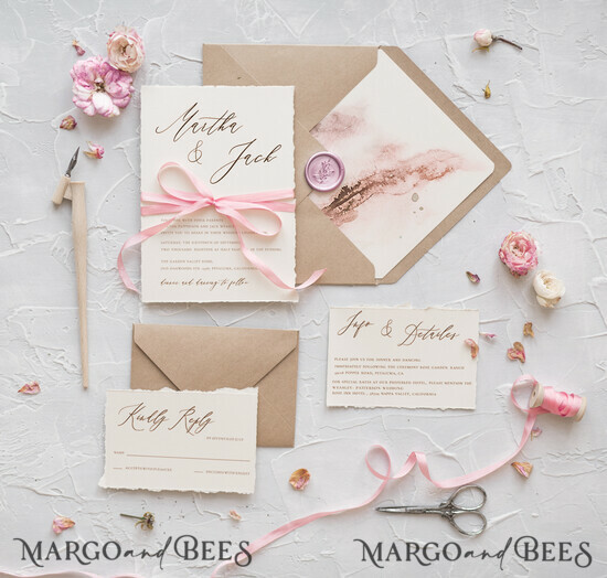 WEDDING INVITATIONS Elegant Invites Classic Cards Bespoke Wedding Invitations Minimalist Stationery with Silk Bow Cotton Ivory Paper Envelope ombre Liner 01/CGN/z