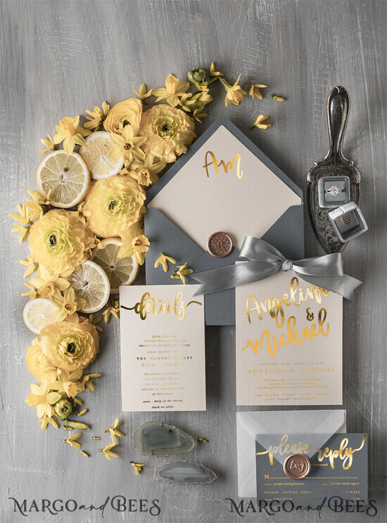 WEDDING INVITATIONS gold / rose gold / silver / glitter Gold and Grey Wedding invitations, Luxury Wedding stationery , Elegant Wedding Invitation Suite 01/lemon/z