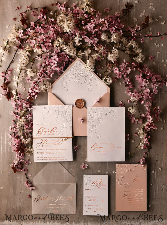 WEDDING INVITATIONS gold / rose gold / silver / glitter Rose Gold Embossed wedding invitation Suite, elegant embossed flowers Rose Gold Wedding Invites, Blush Pink Envelope Wedding Crads 1/wln2/z