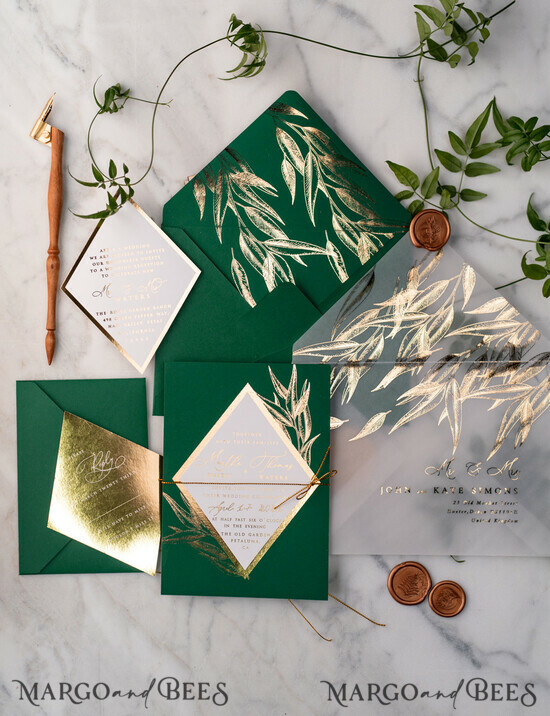WEDDING INVITATIONS gold / rose gold / silver / glitter Green and Gold Luxury Wedding Invitations Eucalyptus Greenery Invites perfect for Greece Destination Wedding Cards 1/romb/z