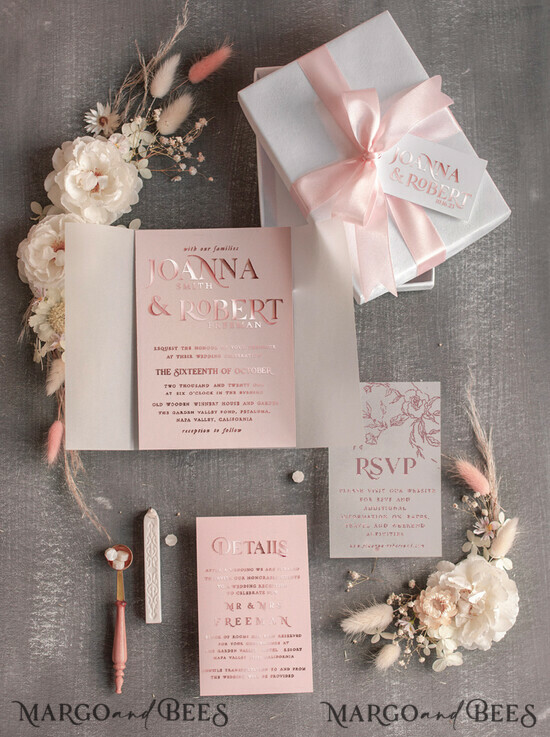 WEDDING INVITATIONS gold / rose gold / silver / glitter Luxury Wedding Velvet Box Invitation Suite, Glamour Rose Gold Wedding Invite, Blush Velvet wedding Cards with bow 02/velboxgold/z