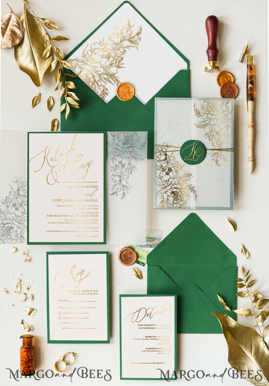 WEDDING INVITATIONS gold / rose gold / silver / glitter Custom wedding invitation, glamour wedding invitations, glitter invitation suite, luxury wedding cards, green, green wedding, green wedding invitations, greenery, gold wedding, gold wedding invitations, transparent, gold flowers, gold foil print out 1/goldgreen/z