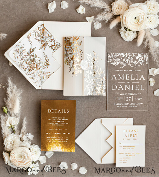 WEDDING INVITATIONS gold / rose gold / silver / glitter Bespoke Gold Acrylic wedding invitations, Glamour Gold Wedding Invitations, White Wax Seal Wedding Invitation Suite, Luxury Wedding Cards Gold 09/akrylKALlak/z