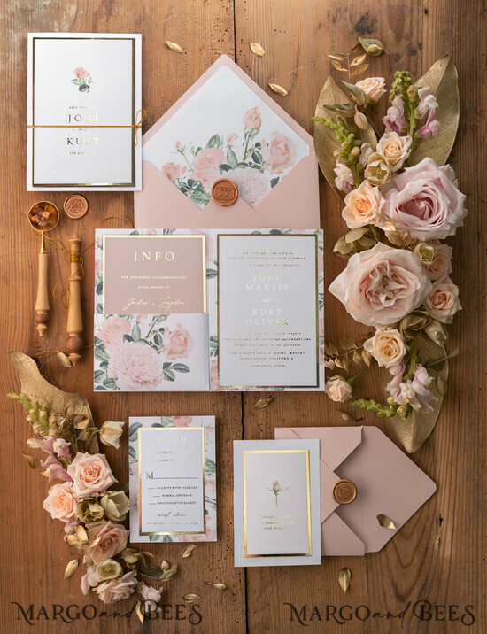 WEDDING INVITATIONS gold / rose gold / silver / glitter Rose Gold Wedding Invitations Geometric Gold Foil Lettering with Vinatge Roses Vellum envelope and Wax Seal 04/botGLAM/z