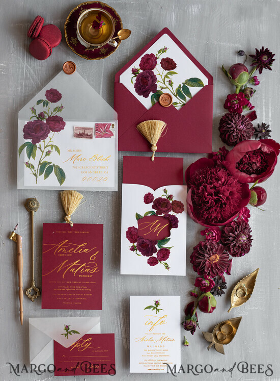 WEDDING INVITATIONS gold / rose gold / silver / glitter Marsala wedding invitation Suite, Luxury Indian Red and Gold Wedding Cards, Pocket Wedding Invites with gold Tassel 2/lamchw/z