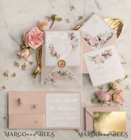 WEDDING INVITATIONS gold / rose gold / silver / glitter Luxory gold Wedding Invitations, Vinatge Roses Elegant Wedding Stationery, Pocket Fold Pink Elegant Wedding Invitations Suite 3/heartG/z