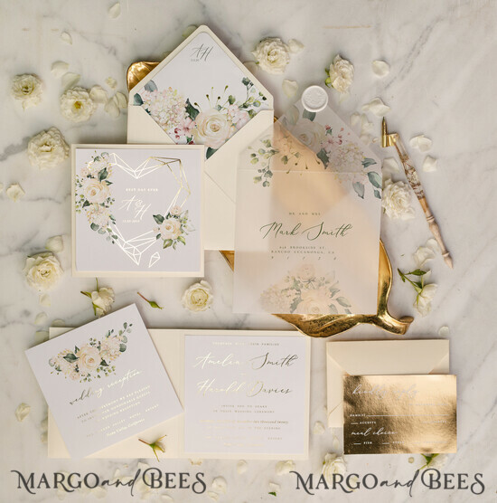 WEDDING INVITATIONS gold / rose gold / silver / glitter Luxory gold Wedding Invitations, Ecru Roses Elegant Wedding Stationery, Ivory Elegant Wedding Invitations Suite 4/heartG/z