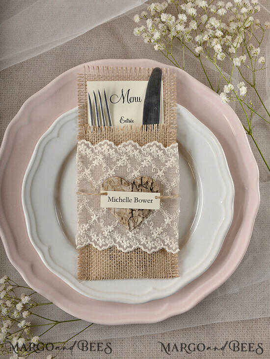 MENU & PROGRAMS rustic Burlap Silverware Holder With Wooden Heart, Rustic Lace table decor, Wedding Table Set, Table Setting, Burlap table decoration, Wedding Rustic Menu 030/rus2/m