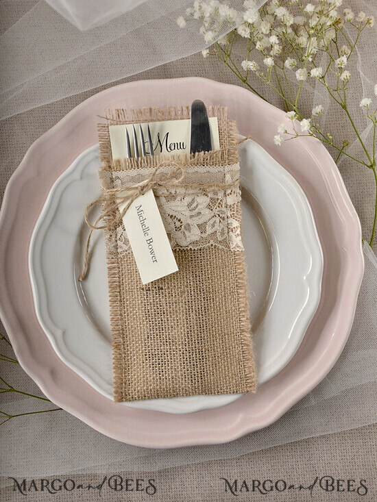 MENU & PROGRAMS rustic Burlap Silverware Holder, Rustic table decor, Wedding Table Set, Elegant Table Setting, Burlap table decoration, Wedding Rustic Menu With Burlap Twine And Tag 07/rus2/m