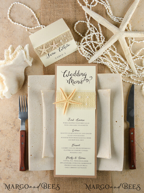 MENU & PROGRAMS beach Romantic Blue Beach Wedding Menu, Destination Wedding Menu with Raffia Twine, Deckle-edge Marine Menu Cards, Sea Ocean Wedding Menu, Unique Shell Wedding Menu 01/be/m