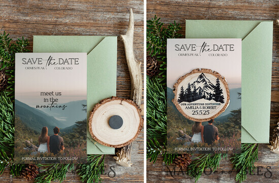 SAVE THE DATES beach travel magnets Personalised Forest mountains Save the Date Magnets and Card, Travel Wedding Save Our Dates , forest Wooden slice magnets 11/MSLph/std