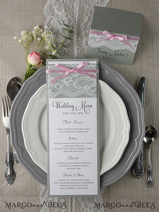 MENU & PROGRAMS rustic and lace Romantic Wedding Menu with Pink Ribbon, Vintage Lace Personalized Menu Cards, Light Grey and Pink Shabby Chic Wedding Menu, Elegant Handmade Wedding Menu Cards 01/ruw/M