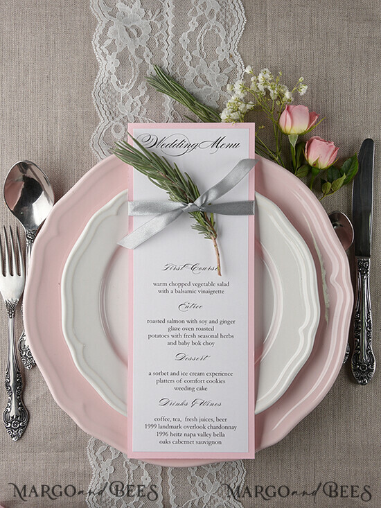 MENU & PROGRAMS rustic and lace Romantic Wedding Menu with Grey Ribbon, Vintage Personalized Menu Cards, Light Grey and Blush Pink Shabby Chic Wedding Menu, Elegant Handmade Wedding Menu Card 08/ruw/M