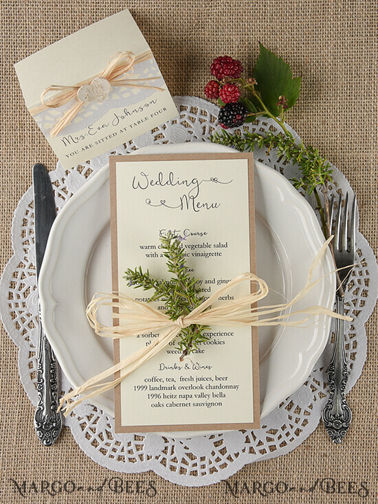MENU & PROGRAMS rustic and lace Custom Rustic Glam Wedding Menu, Bespoke Vintage Wedding Menu Cards, Elegant Wedding Menus With Raffia Twine, Minimalist Handmade Ecru & Brown Wedding Menu Card 09/rus/M