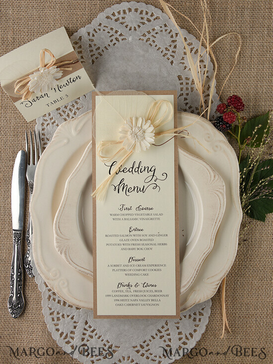 MENU & PROGRAMS rustic and lace Rustic Wedding Menu with Flower, Barn Wedding Menu Cards, Eco Romantic Personalized Cards with Decoration, Simple Rustic Wedding Program, Elegant Ecru Wedding 11/rus/M