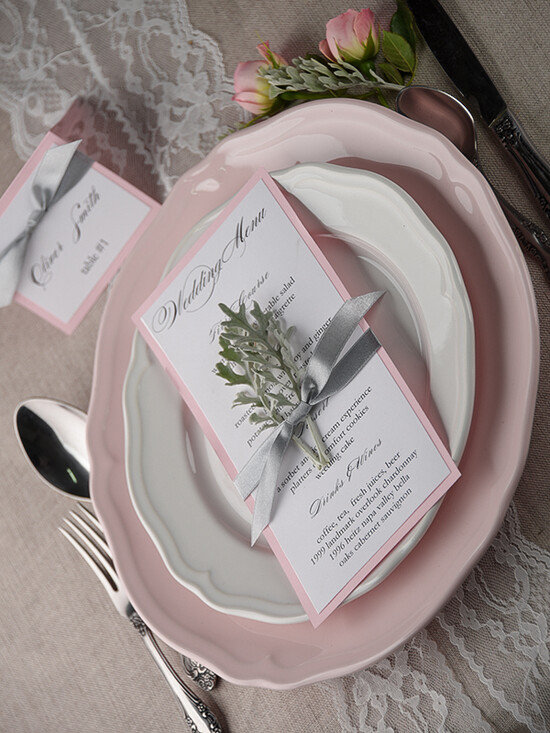 MENU & PROGRAMS rustic and lace Romantic Wedding Menu with Grey Ribbon, Vintage Personalized Menu Cards, Light Grey and Blush Pink Shabby Chic Wedding Menu, Handmade White & Pink Wedding Menu 13/ruw/M