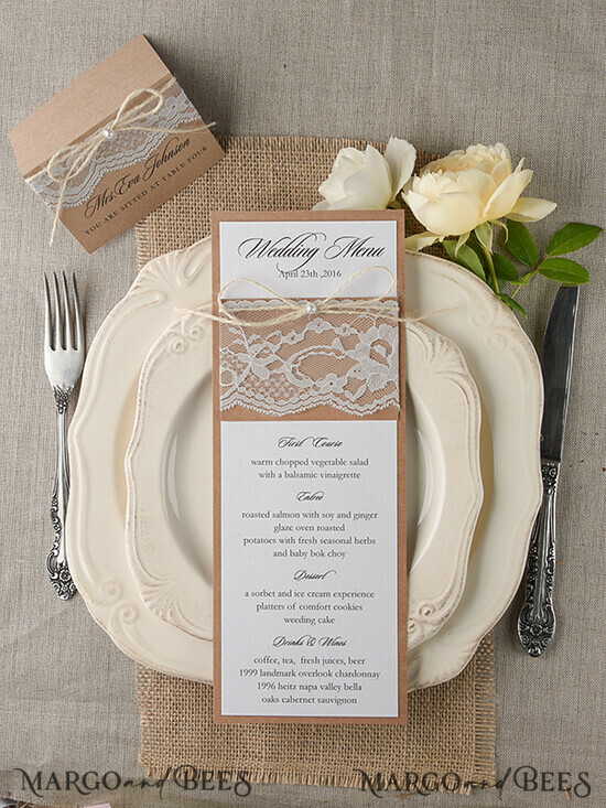 MENU & PROGRAMS rustic and lace Minimalist Brown Wedding Menu, Aesthetic Chic Lace Reception Dinner Menu, Romantic Menu With Burlap Twine, Elegant White And Brown Handmade Wedding Menu Cards 15/rus/M