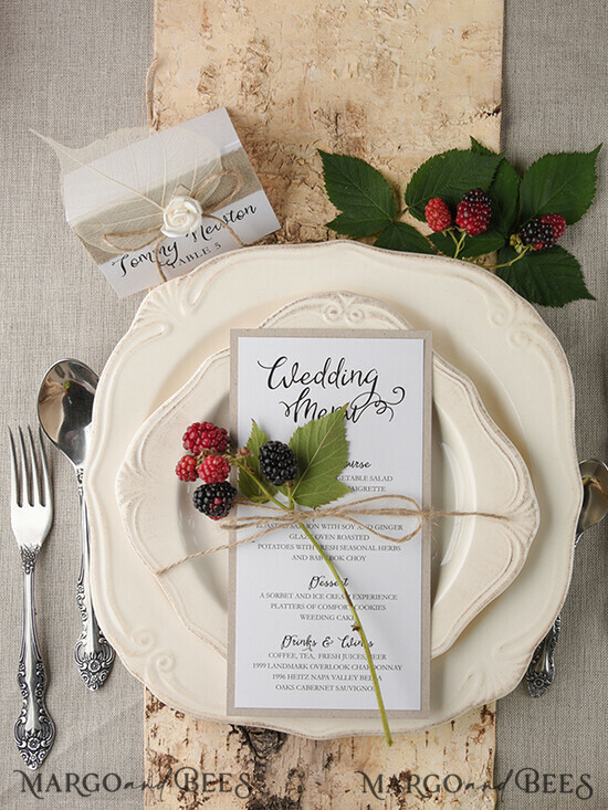 MENU & PROGRAMS rustic and lace Rustic Wedding Menu with Burlap Twine, Barn Wedding Dinner Menu, Eco Romantic Personalized Cards, Kraft Wedding Menu, Simple Rustic Wedding Menu, Elegant Ecru Wedding Menu Cards 16/rus/M