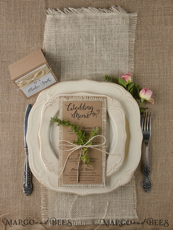 MENU & PROGRAMS rustic and lace Rustic Brown and Burlap Wedding Menu, Barn Wedding Dinner Menu, Eco Romantic Personalized Cards, Kraft Wedding Menu, Simple Rustic Wedding Menu, Elegant Eco Brown Wedding Menu Cards 17/rus/M