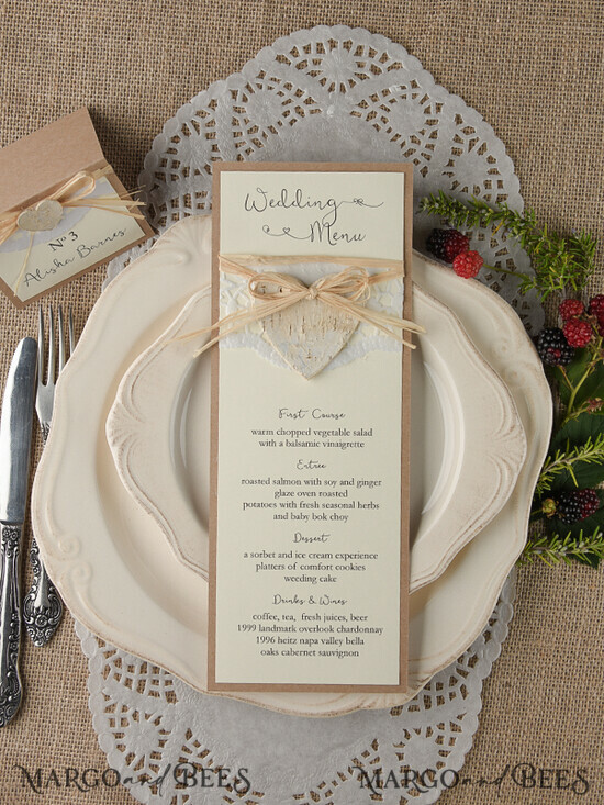 MENU & PROGRAMS rustic and lace Minimalist Brown Wedding Menu, Aesthetic Lace Reception Dinner Menu, Romantic Menu With Wooden Heart, Elegant Wedding Menu Cards 21/rus/M