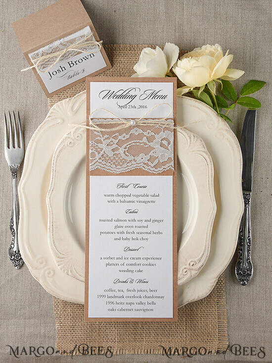 MENU & PROGRAMS rustic and lace Minimalist Brown Wedding Menu, Aesthetic Lace Reception Dinner Menu, Romantic Menu With Burlap Twine, Elegant Wedding Menu Cards 22/rus/M