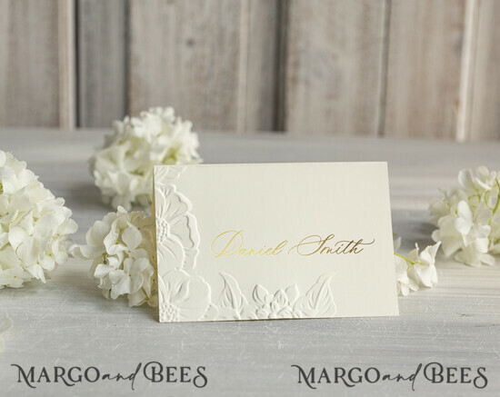 PLACE CARDS / TABLE CARDS Luxury Premium Glitter/ Gold/ Silver/ Rose Gold Elegant Embossed Ivory Wedding Place Cards, Small Table Cards with Gold Foil Border, Tent Cards, Escort Cards, Name Cards, Ecru Table name cards, Personalized wedding decor, Editable Text 01/em3DRWzl/w25