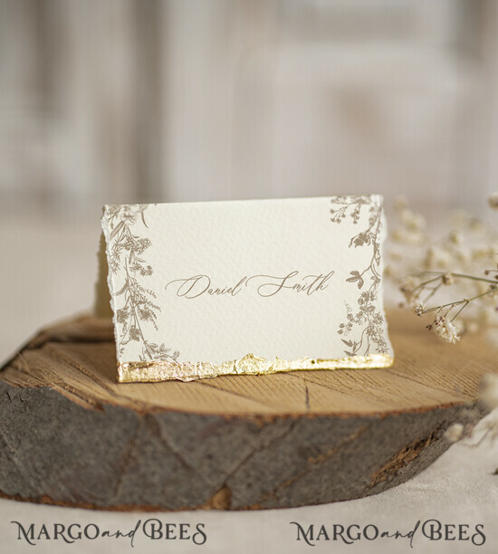 PLACE CARDS / TABLE CARDS Luxury Premium Glitter/ Gold/ Silver/ Rose Gold Elegant Torn Edges Ivory Wedding Place Cards, Small Table Cards with Gold Foil Border, Tent Cards, Escort Cards, Name Cards, Ecru Table name cards, Personalized wedding decor, Editable Text 18/Desu/w25