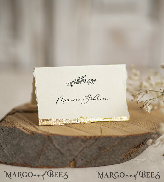 PLACE CARDS / TABLE CARDS Luxury Premium Glitter/ Gold/ Silver/ Rose Gold Elegant Torn Edges Ivory Wedding Place Cards, Small Table Cards with Gold Foil Border, Tent Cards, Escort Cards, Name Cards, Ecru Table name cards, Personalized wedding decor, Editable Text 14/Desu/w25