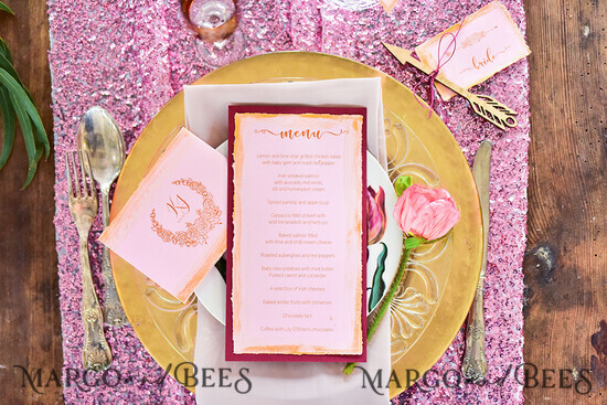 MENU & PROGRAMS glitter/ luxury premium Romantic Watercolor Wedding Menu With Gold, Elegant White and Gold Menu Card with Custom Monogram Belly Band, Unique Handmade Romantic Deckle-edge Dinner Menu 01/boH/m