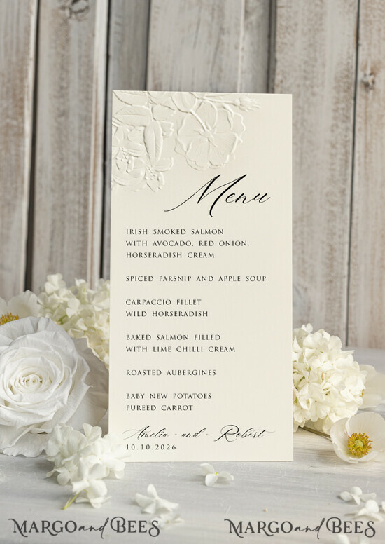 MENU & PROGRAMS glitter/ luxury premium Embossed Ivory Wedding Menu, Elegant Wedding Menu Cards With Floral leaf Motif, Luxury 01/emb/m25