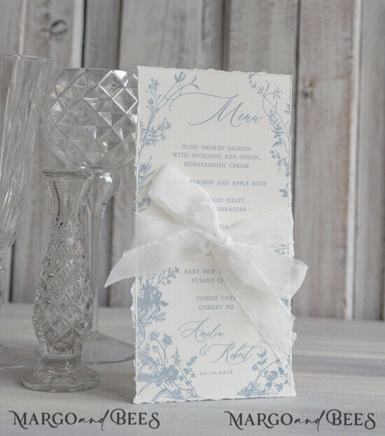 MENU & PROGRAMS glitter/ luxury premium Elegant white Wedding Menu with silk ribbon, hand torn edge Elegant Wedding Menu Cards, program dinner wedding menu 12/Desu/m25