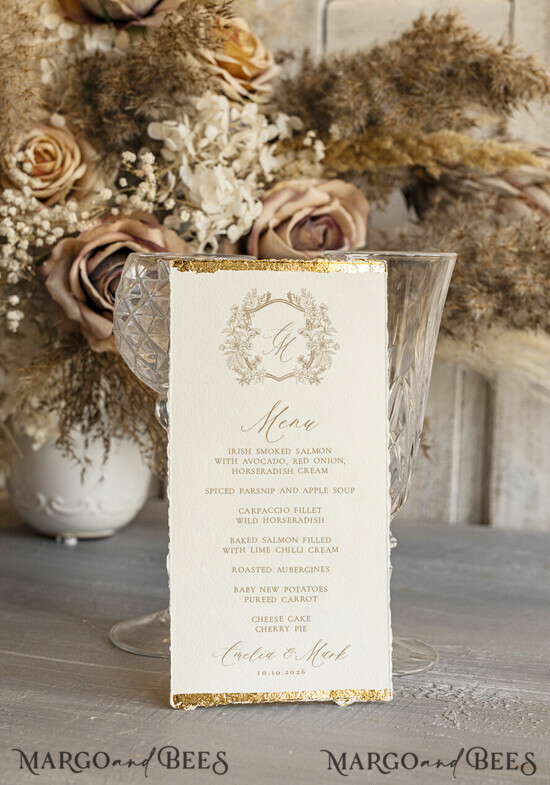 MENU & PROGRAMS glitter/ luxury premium Elegant Ivory Wedding Menu, hand torn edge Elegant Wedding Menu Cards with gold foil border, program dinner wedding menu 11/Desu/m25