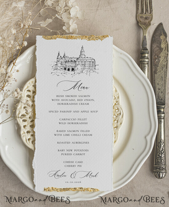 MENU & PROGRAMS glitter/ luxury premium Elegant Venue Sketch Wedding Menu, hand torn edge Elegant Wedding Menu Cards with gold foil border, program dinner wedding menu 22/Desu/m25