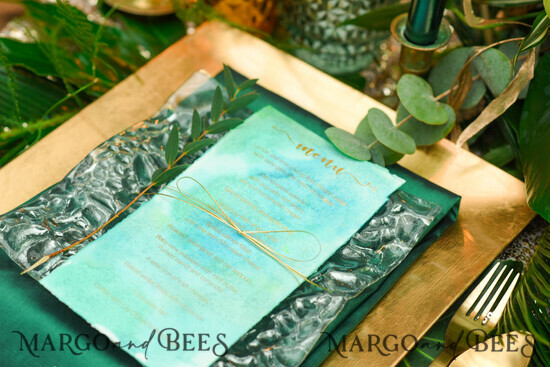 MENU & PROGRAMS glitter/ luxury premium Minimalist Watercolor Wedding Menu, Simple Elegant Green Menu Card with Golden Twine, Romantic Deckle-edge Dinner Menu For Greenery Wedding, Unique Stationery 01/gw/m