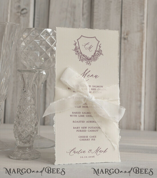 MENU & PROGRAMS glitter/ luxury premium Elegant Ecru Wedding Menu with silk ribbon, hand torn edge Elegant Wedding Menu Cards, program dinner wedding menu 23/Desu/m25
